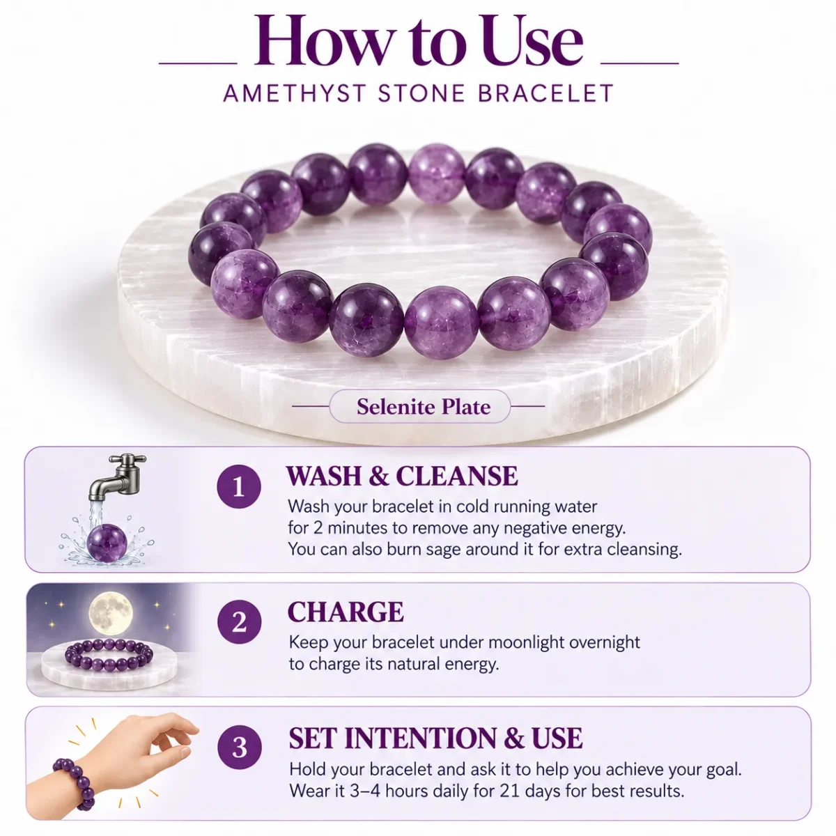 Amethyst Serenity Crystal Bracelet on selenite plate with cleansing, charging and wearing instructions.