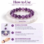 Amethyst Serenity Crystal Bracelet on selenite plate with cleansing, charging and wearing instructions.