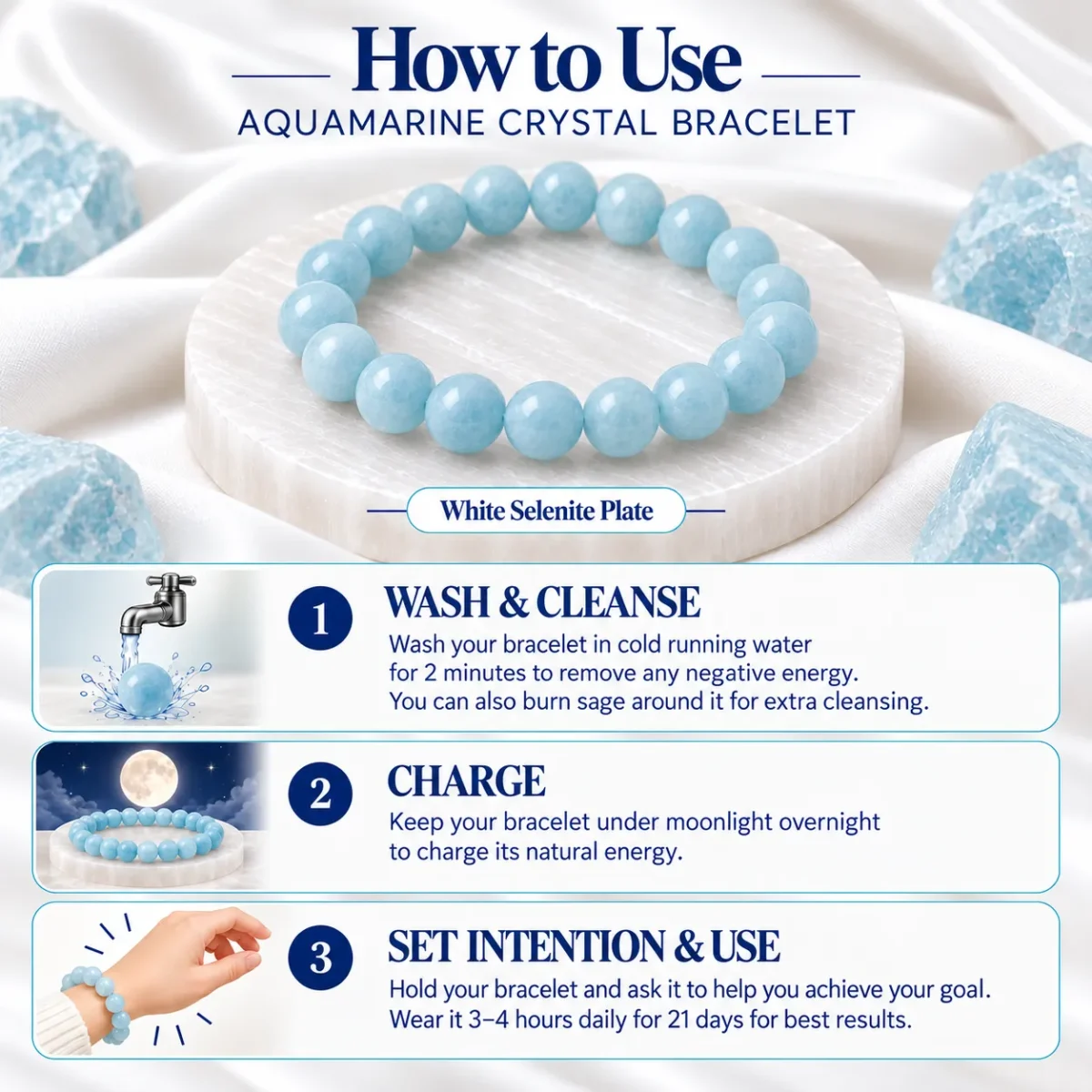Aquamarine Crystal Bracelet zodiac signs Pisces and Aquarius with light blue gemstone beads on a white selenite plate.
