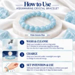 Aquamarine Crystal Bracelet zodiac signs Pisces and Aquarius with light blue gemstone beads on a white selenite plate.