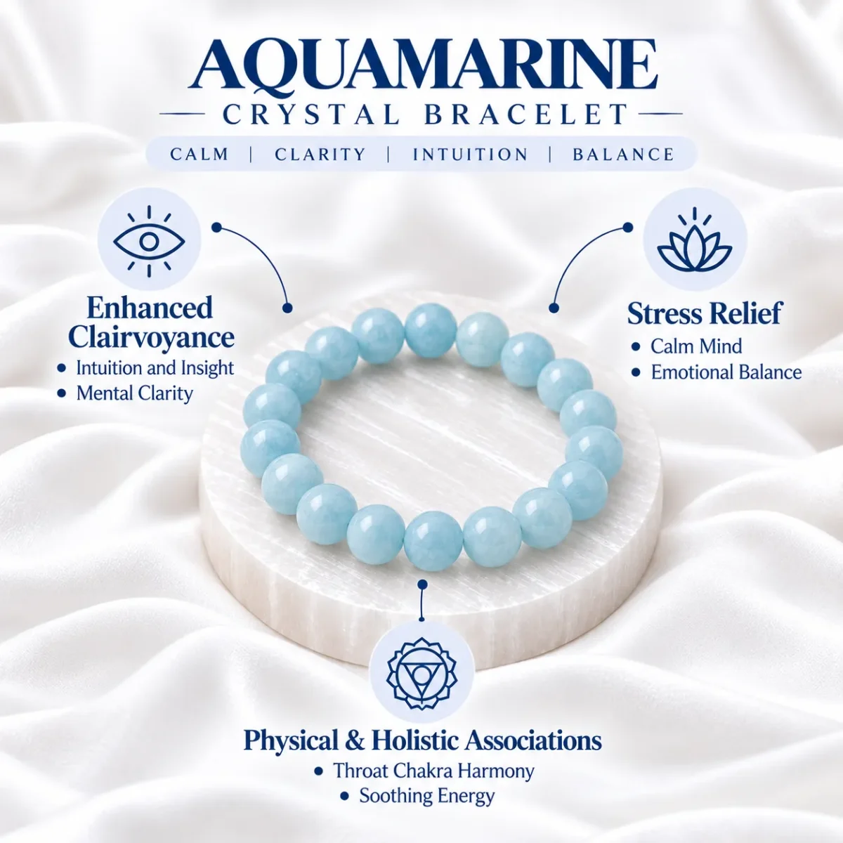 Aquamarine Crystal Bracelet benefits infographic showing stress relief, enhanced intuition, mental clarity and throat chakra associations.