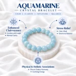 Aquamarine Crystal Bracelet benefits infographic showing stress relief, enhanced intuition, mental clarity and throat chakra associations.