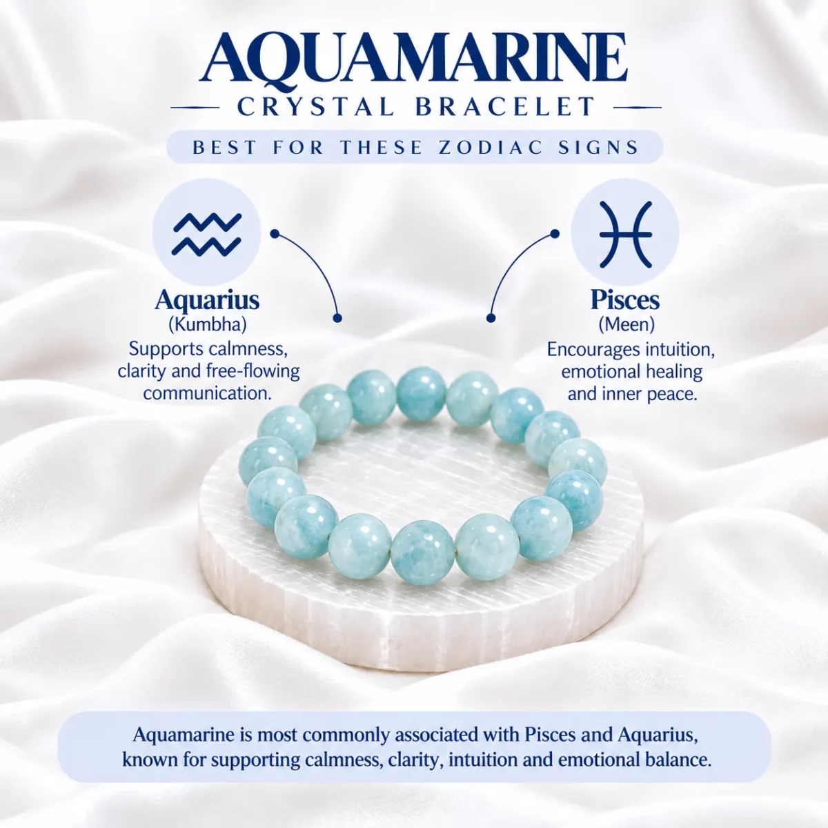 How to use Aquamarine Crystal Bracelet with cleansing, moonlight charging and intention-setting steps on a white selenite plate.