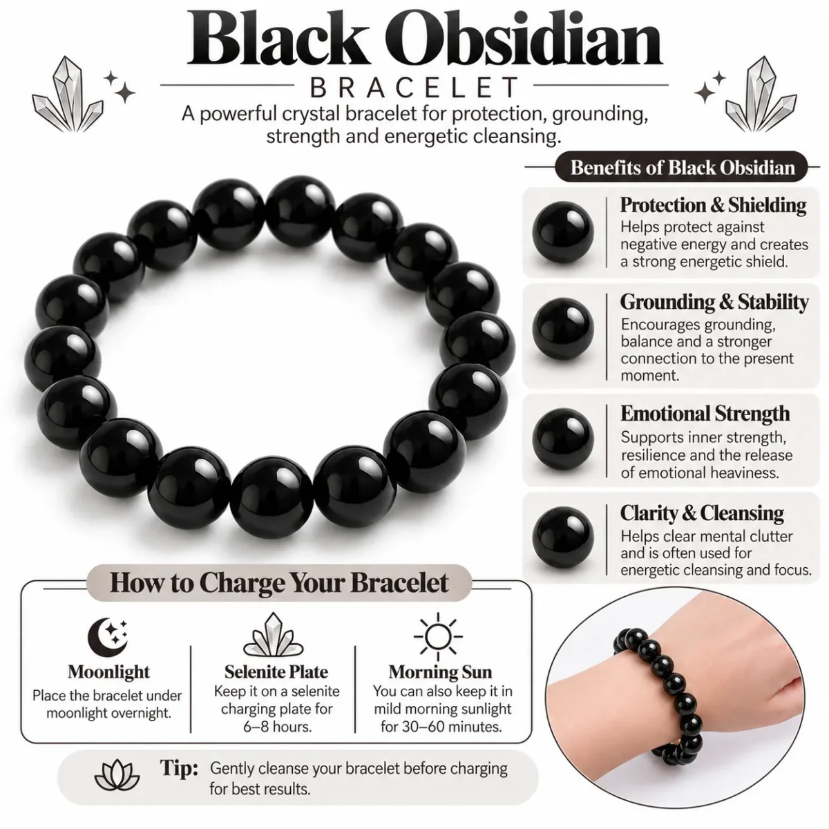 Natural Black Obsidian Crystal Bracelet for Spiritual Meditation - Image 4
