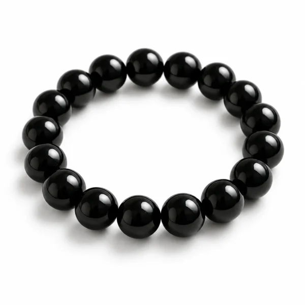 Natural Black Obsidian Crystal Bracelet for spiritual meditation featuring polished black round gemstone beads in 8mm and 10mm sizes with a stretchable design.