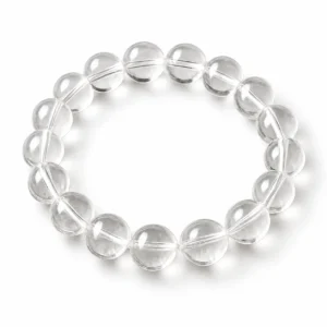 Natural Clear Quartz Crystal Bracelet for men and women featuring transparent to milky-white round gemstone beads in 8mm and 10mm sizes.