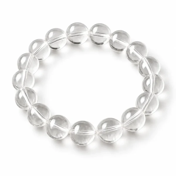 Natural Clear Quartz Crystal Bracelet for men and women featuring transparent to milky-white round gemstone beads in 8mm and 10mm sizes.