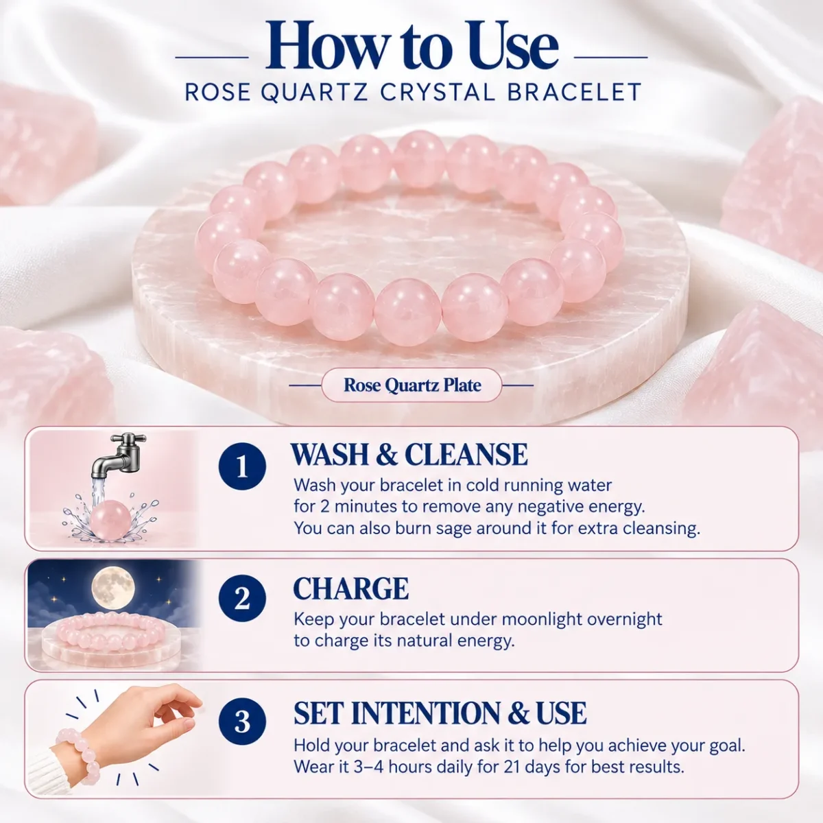 How to use Rose Quartz Crystal Bracelet infographic showing cleansing, moonlight charging and setting intentions with a pink gemstone bracelet.