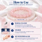 How to use Rose Quartz Crystal Bracelet infographic showing cleansing, moonlight charging and setting intentions with a pink gemstone bracelet.