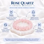Rose Quartz Crystal Bracelet zodiac guide featuring Taurus, Libra, Cancer and Pisces with a pink gemstone beaded bracelet.