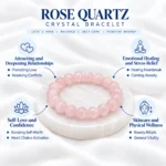 Rose Quartz Crystal Bracelet benefits infographic highlighting love, relationships, emotional healing, self-confidence and heart chakra associations.