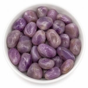 Natural Amethyst Tumble stones in a white ceramic bowl
