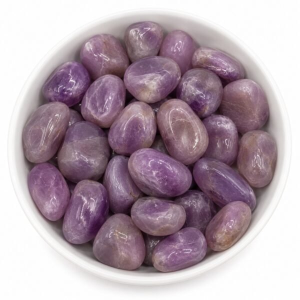 Natural Amethyst Tumble stones in a white ceramic bowl