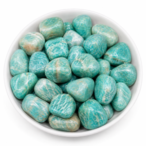 Natural Amazonite Tumble Stones in blue-green with white veining on a white background