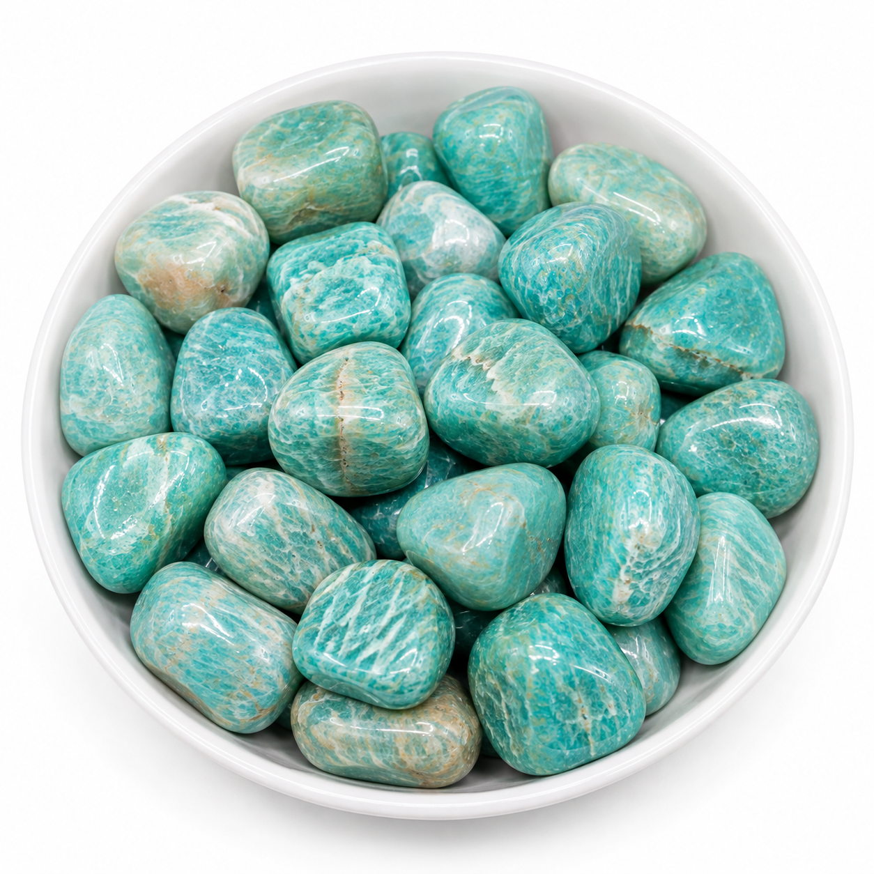 Natural Amazonite Tumble Stones – Blue Green Polished Crystal Natural Amazonite Tumble Stones in blue-green with white veining on a white background