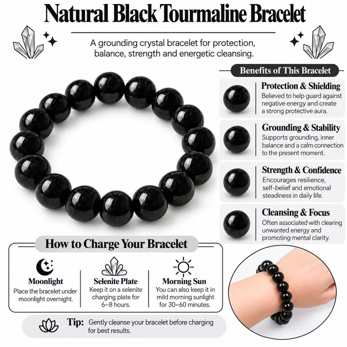 Natural Black Tourmaline Crystal Bracelet for Men & Women Online - Image 3