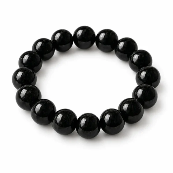 Natural Black Tourmaline Crystal Bracelet for men and women featuring polished black round gemstone beads in 8mm and 10mm sizes with a stretchable design.