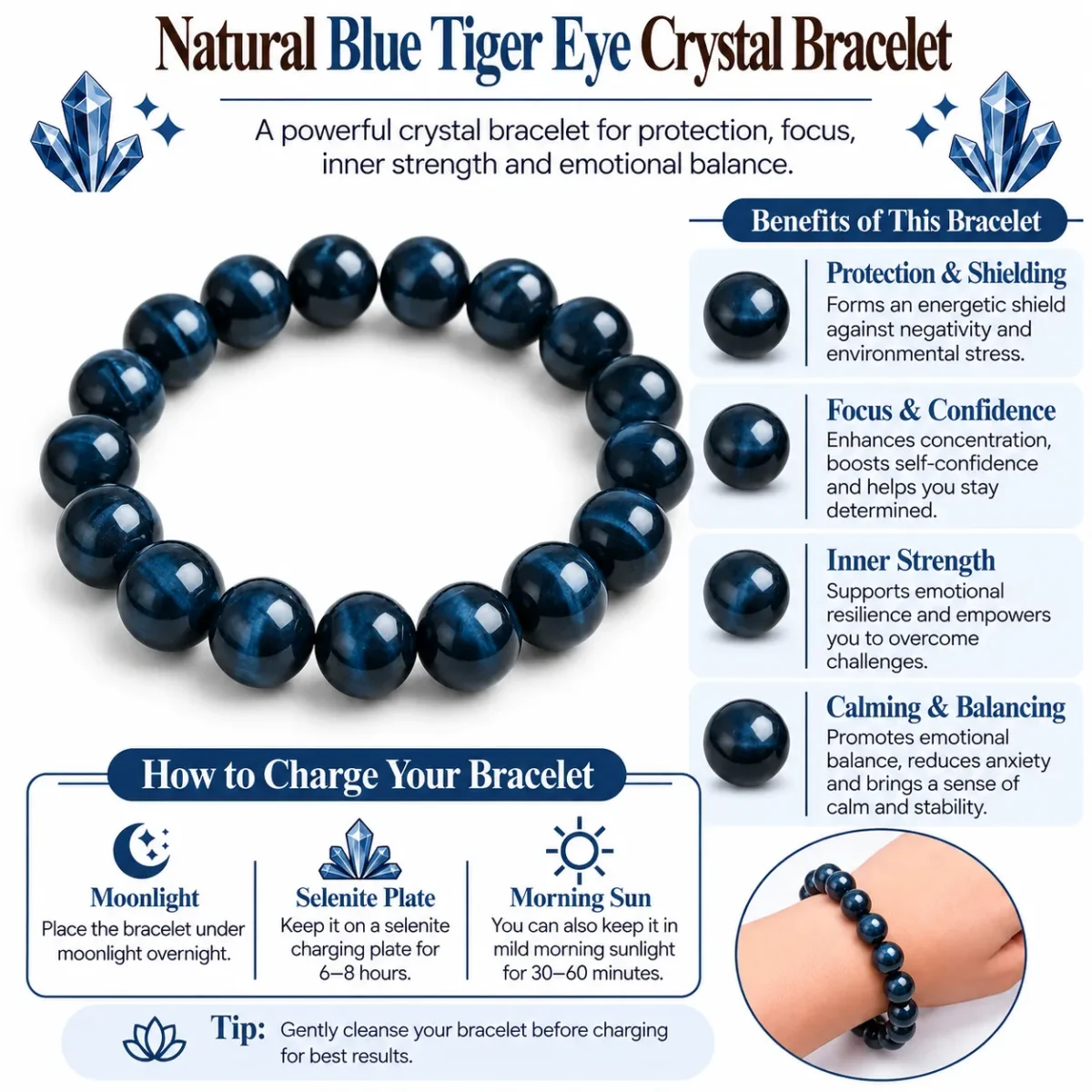 Natural Blue Tiger Eye Crystal Bracelet for Calmness & Confidence - Image 5