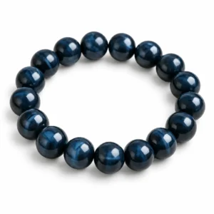 Natural Blue Tiger Eye Crystal Bracelet for men and women featuring polished blue-grey gemstone beads with a silky shimmer, available in 8mm and 10mm round beads for calmness and confidence.