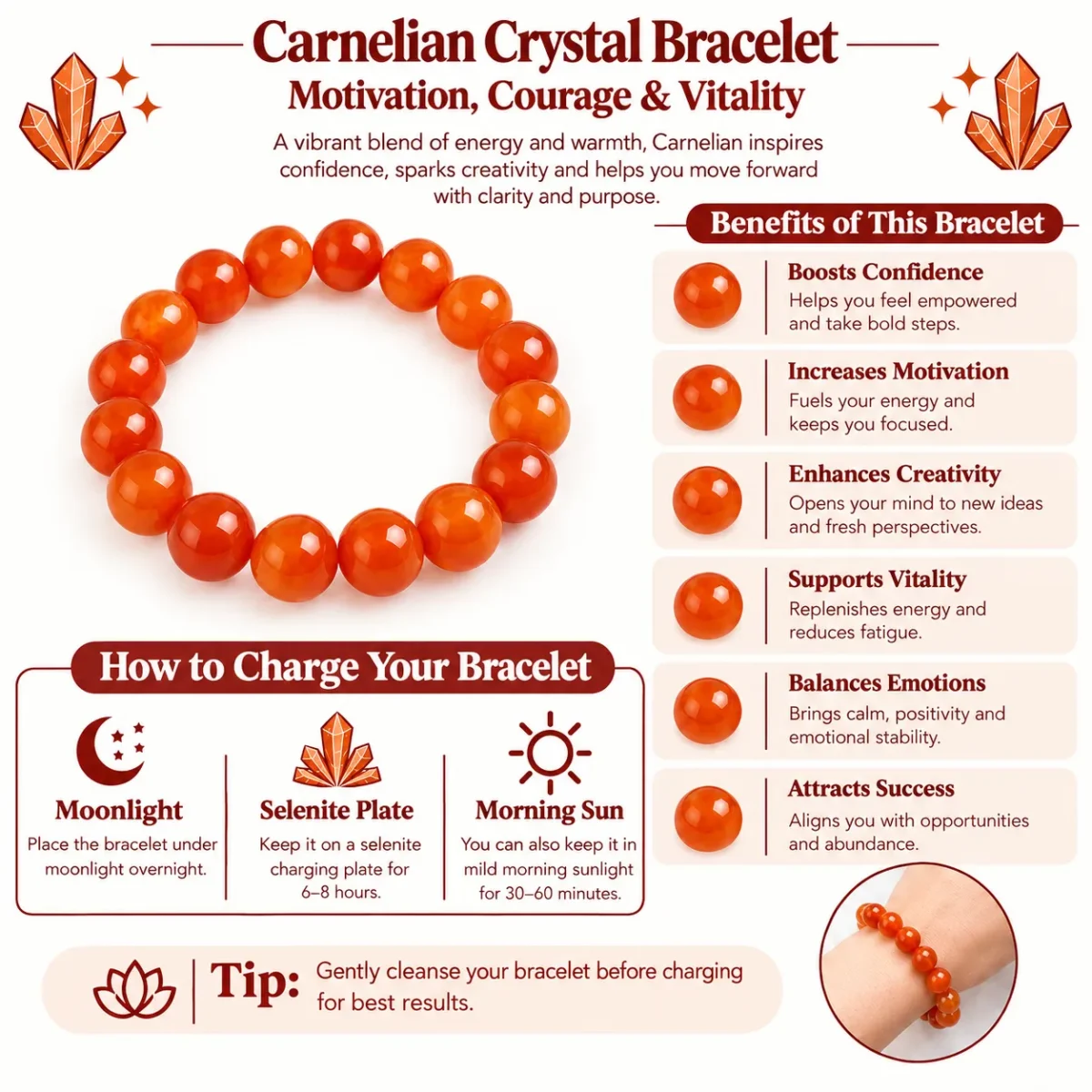 Natural Carnelian Crystal Bracelet for Confidence & Motivation - Image 4
