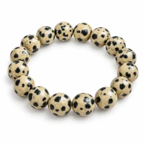 Natural Dalmatian Jasper Crystal Bracelet for men and women featuring cream and beige gemstone beads with distinctive black spots, available in 8mm and 10mm round sizes.