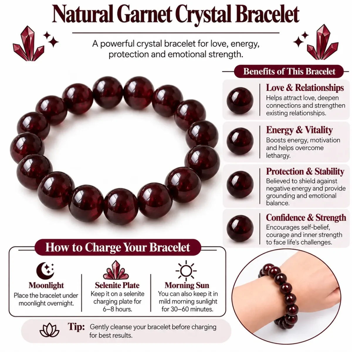 Natural Garnet Crystal Bracelet for Men & Women - Image 4