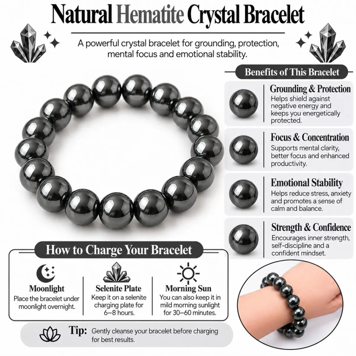 Natural Hematite Crystal Bracelet for Grounding & Meditation - Image 4