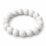 Natural Howlite Crystal Bracelet for calmness and spiritual balance featuring polished white gemstone beads with natural grey veining in 8mm and 10mm round sizes and a comfortable stretchable design.