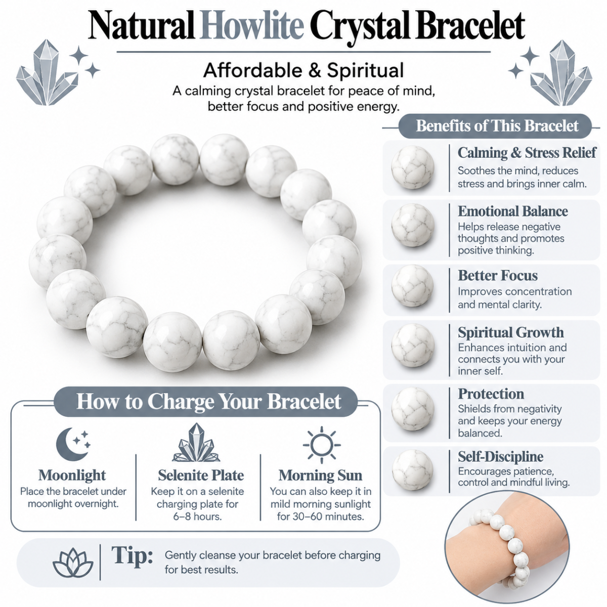 Natural Howlite Crystal Bracelet for Calmness & Spiritual Balance - Image 4