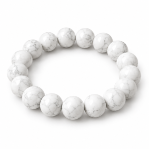 Natural Howlite Crystal Bracelet for calmness and spiritual balance featuring polished white gemstone beads with natural grey veining in 8mm and 10mm round sizes and a comfortable stretchable design.