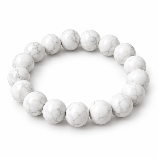 Natural Howlite Crystal Bracelet for calmness and spiritual balance featuring polished white gemstone beads with natural grey veining in 8mm and 10mm round sizes and a comfortable stretchable design.