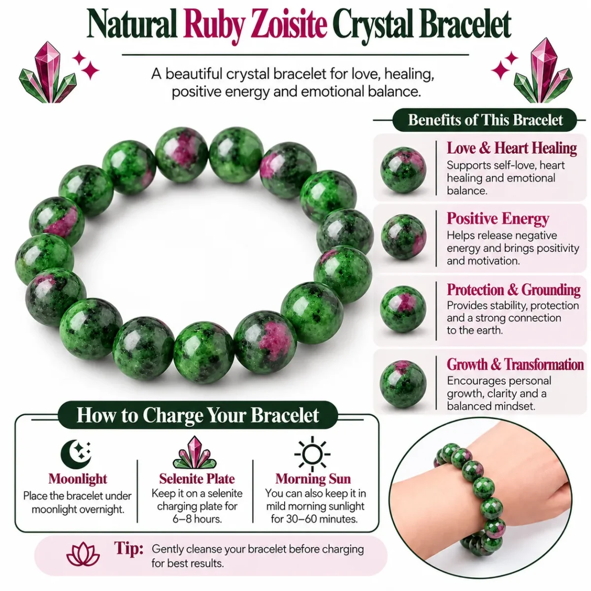Natural Ruby Zoisite Crystal Bracelet for Men & Women Online India - Image 4