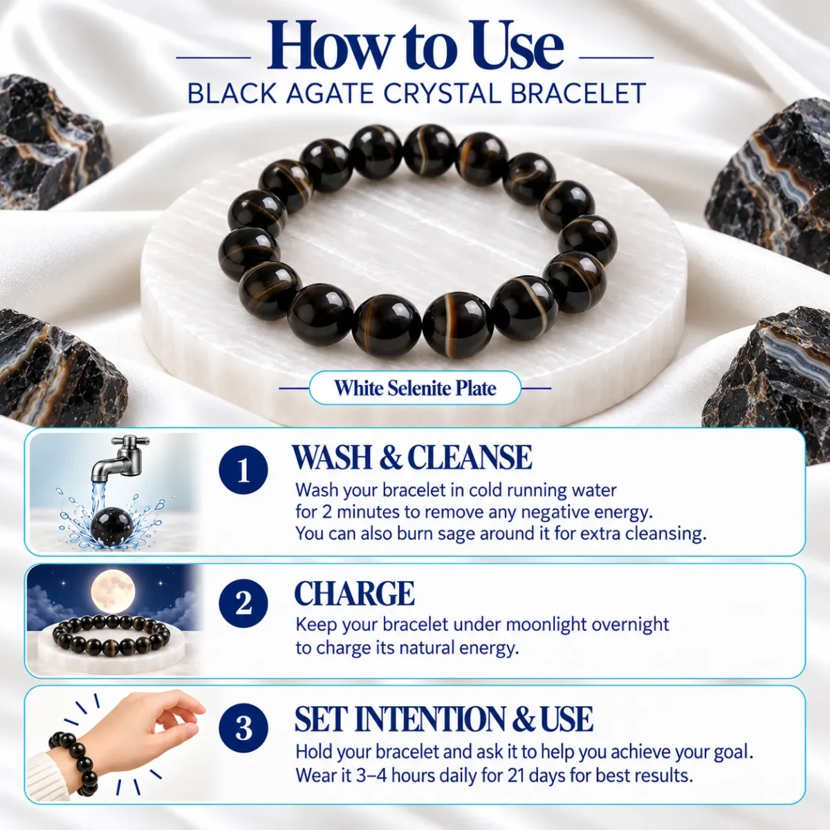 How to use Black Agate Crystal Bracelet with cleansing, moonlight charging and intention-setting steps for Sulemani Hakik stone.