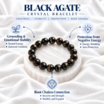 Black Agate Crystal Bracelet benefits showing grounding, emotional stability, protection from negative energy and Root Chakra connection.