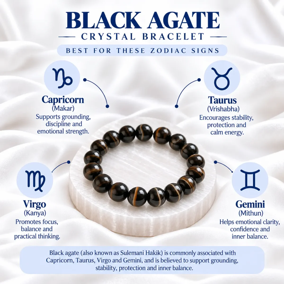 Black Agate Crystal Bracelet zodiac signs Capricorn, Taurus, Virgo and Gemini with polished black Sulemani Hakik gemstone beads.