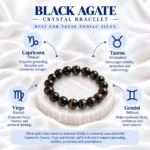 Black Agate Crystal Bracelet zodiac signs Capricorn, Taurus, Virgo and Gemini with polished black Sulemani Hakik gemstone beads.