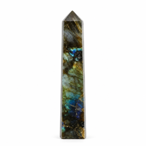 Green Labradorite crystal pencil tower standing upright on a white background with natural blue-green flash and polished pointed tip