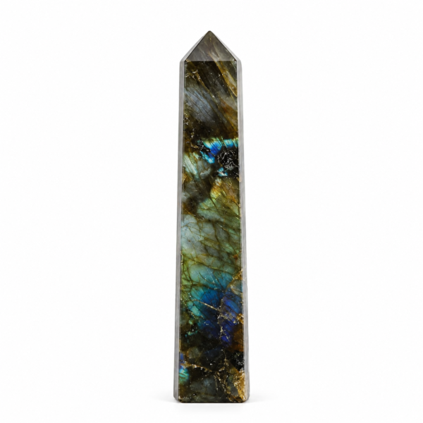 Green Labradorite crystal pencil tower standing upright on a white background with natural blue-green flash and polished pointed tip