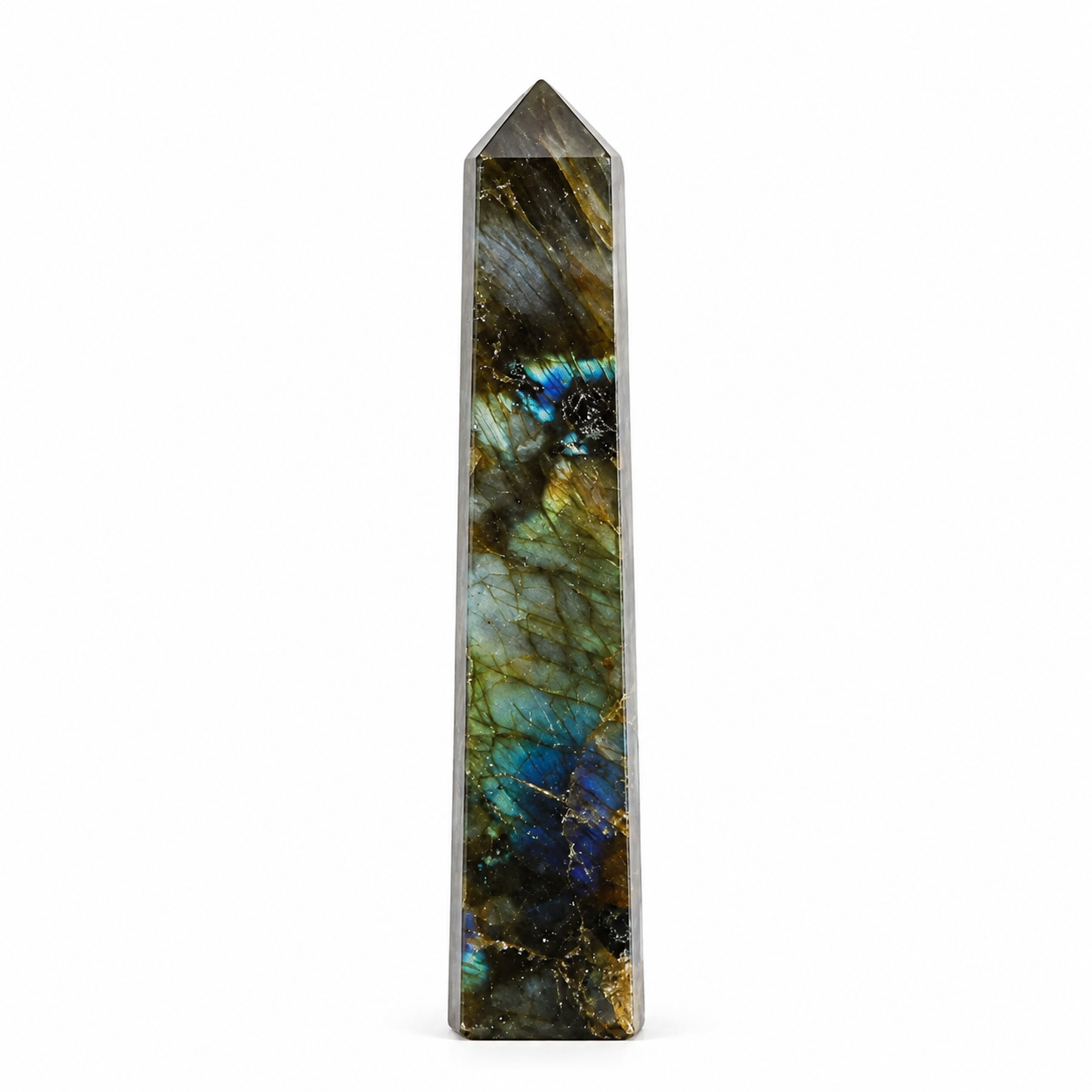 Green Labradorite crystal pencil tower standing upright on a white background with natural blue-green flash and polished pointed tip