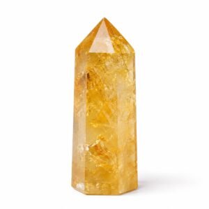 Natural Citrine crystal tower pencil held in hand, golden yellow polished crystal point