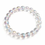Natural Purple Aura Quartz Crystal Bracelet featuring round 8mm and 10mm beads, stretchable design and a beautiful iridescent finish.