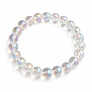 Natural Purple Aura Quartz Crystal Bracelet featuring round 8mm and 10mm beads, stretchable design and a beautiful iridescent finish.