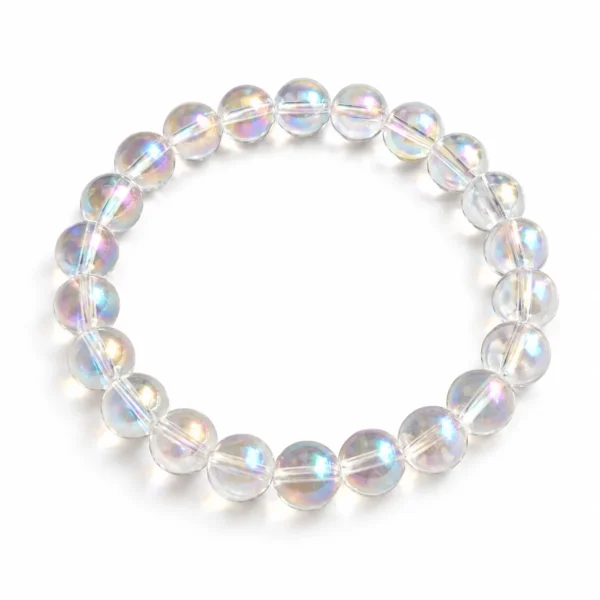 Natural Purple Aura Quartz Crystal Bracelet featuring round 8mm and 10mm beads, stretchable design and a beautiful iridescent finish.