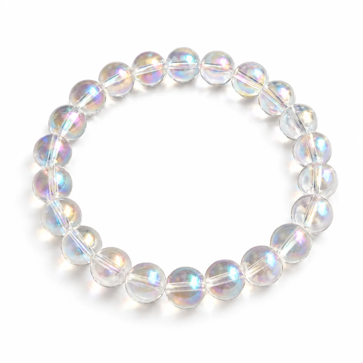 Natural Aura Quartz Crystal Bracelet – Positive Energy, Calmness & Spiritual Harmony Natural Purple Aura Quartz Crystal Bracelet featuring round 8mm and 10mm beads, stretchable design and a beautiful iridescent finish.