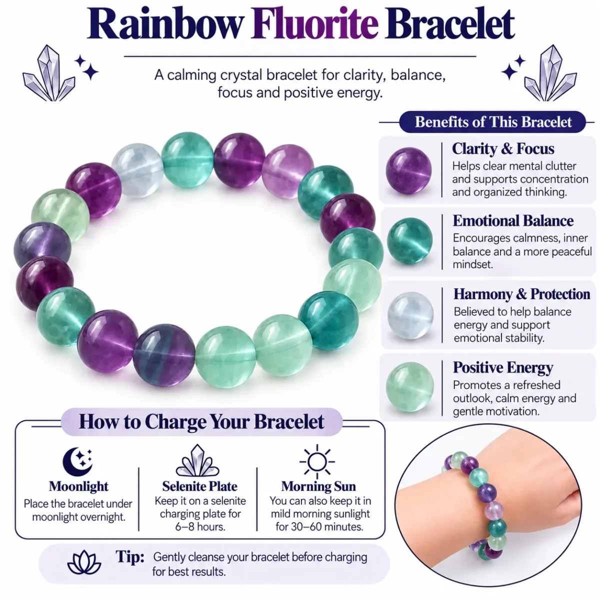 Natural Fluorite Crystal Bracelet – Multicolor Crystal Beads for Clarity, Focus - Image 3