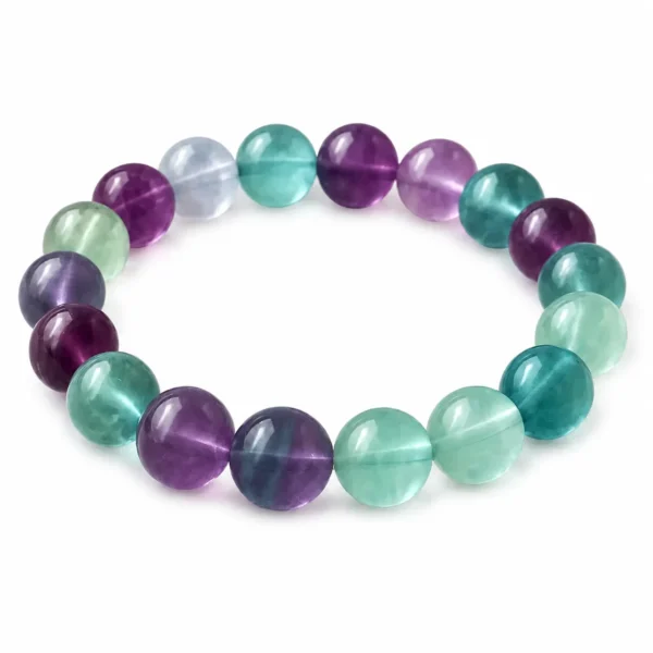 Natural Fluorite Crystal Bracelet featuring multicolor green, purple, blue and clear round gemstone beads in 8mm and 10mm sizes, stretchable design for men and women.