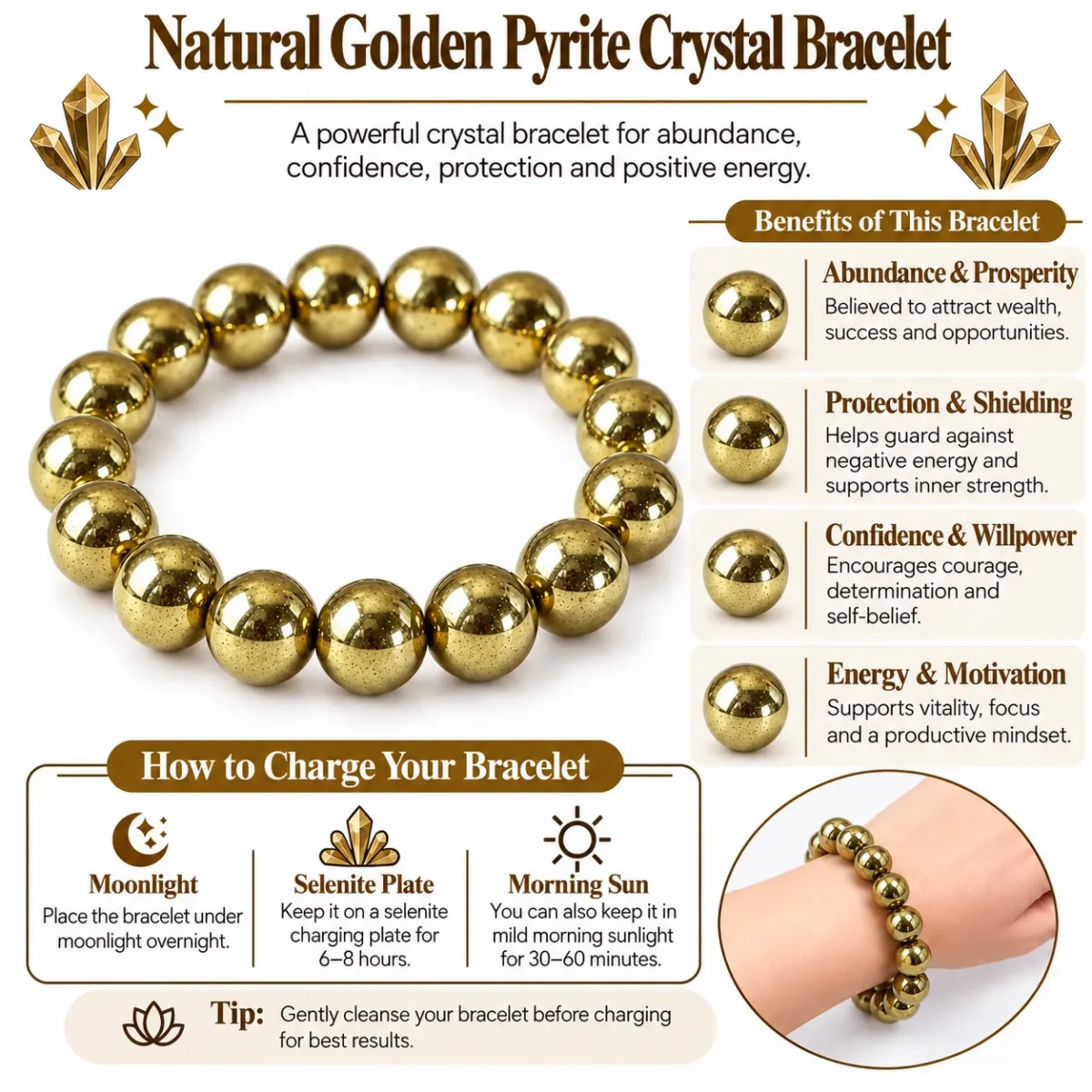Natural Golden Pyrite Crystal Bracelet for Men & Women Online - Image 4