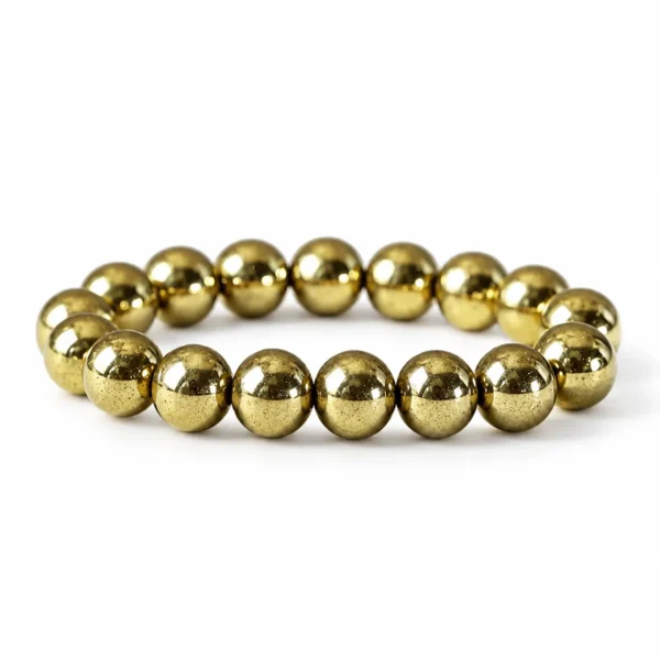 Natural Golden Pyrite Crystal Bracelet for men and women featuring metallic golden round gemstone beads in 8mm and 10mm sizes with a comfortable stretchable design