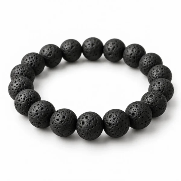 Natural Lava Stone Crystal Bracelet for men and women featuring black volcanic lava rock beads with a porous texture, available in 8mm and 10mm round bead sizes.