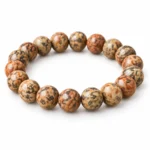 Natural Leopard Jasper Crystal Bracelet for men and women featuring natural earthy brown, beige and cream spotted round gemstone beads in 8mm and 10mm sizes with a stretchable design.